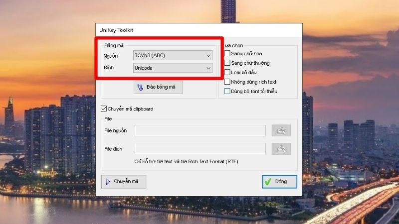 Chọn phần nguồn l&agrave; TCVN3 (ABC), phần đ&iacute;ch chọn Unicode