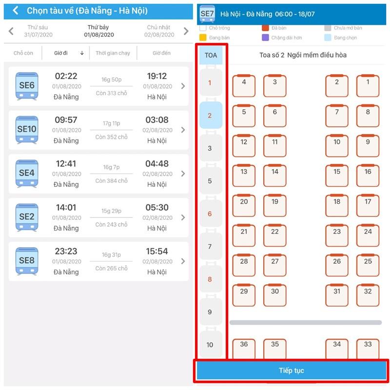 Chọn thời gian và ghế tàu