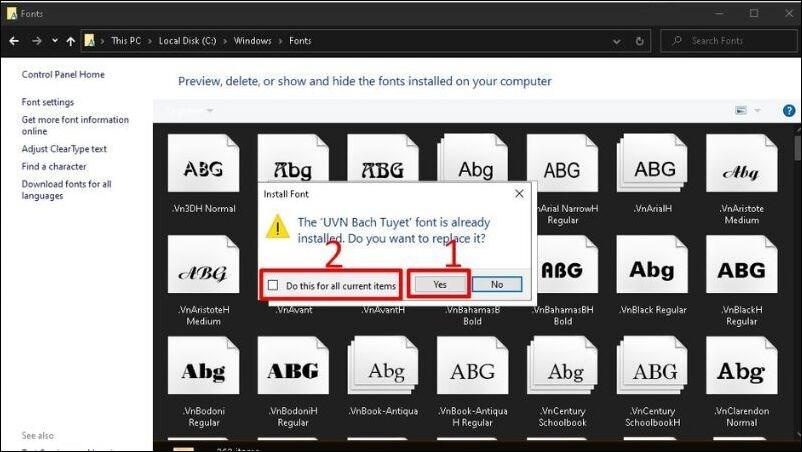 Chọn Yes để đồng &yacute; ghi đ&egrave; l&ecirc;n c&aacute;c font cũ