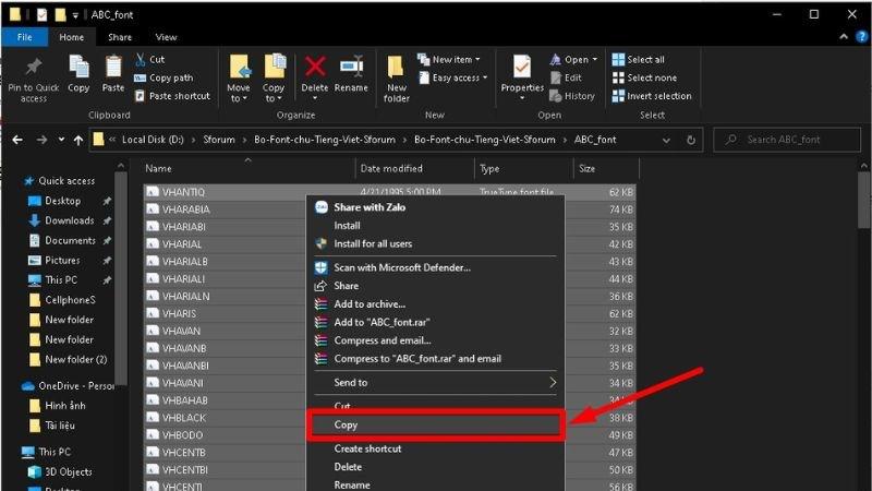 Ctrl+A tr&ecirc;n b&agrave;n ph&iacute;m để chọn tất cả c&aacute;c font. Sau đ&oacute;, chọn Copy để sao ch&eacute;p