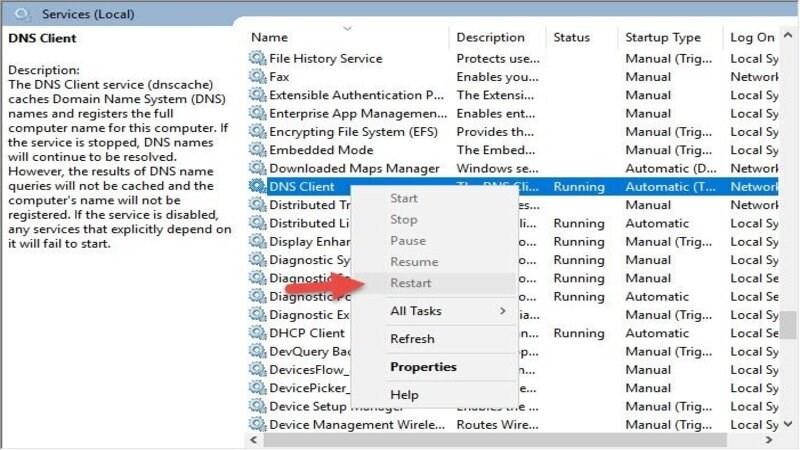 Khắc phục lỗi This site can&rsquo;t be reached khởi động lại DNS client
