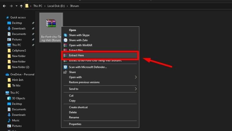 Sau khi tải bộ font về, nhấn chuột phải v&agrave;o file vừa tải về, chọn Extract Here để giải n&eacute;n