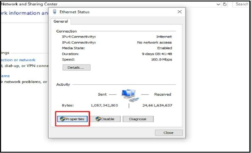 Trong Ethernet Status chọn Properties