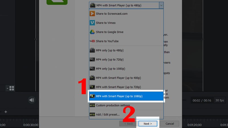 alt: Chọn độ phân giải 1080p trong Camtasia