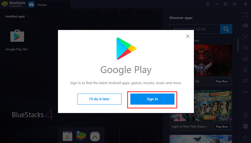 alt: Đăng nhập Google Play trên BlueStacks