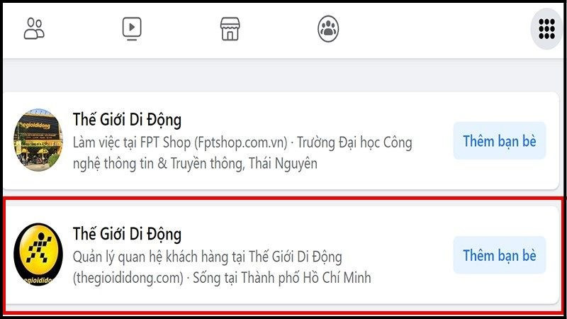 Alt: Danh sách kết quả tìm kiếm người dùng trên Facebook