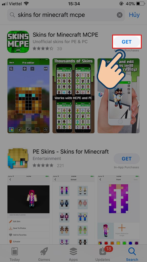 Alt: Giao diện App Store tìm kiếm ứng dụng Skins for Minecraft MCPE