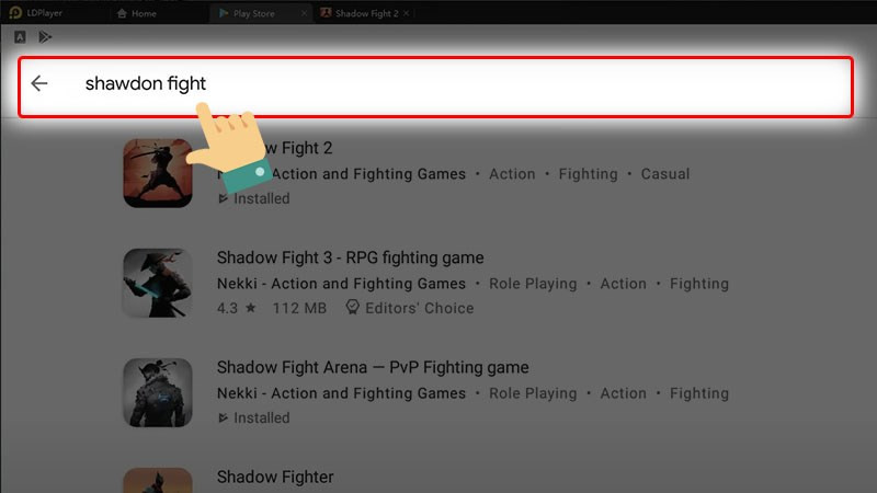 alt: Giao diện LDPlayer với ô tìm kiếm game Shadow Fight 2