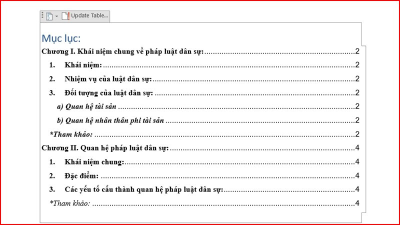 alt: Hình ảnh minh họa mục lục đã được tạo tự động trong Word