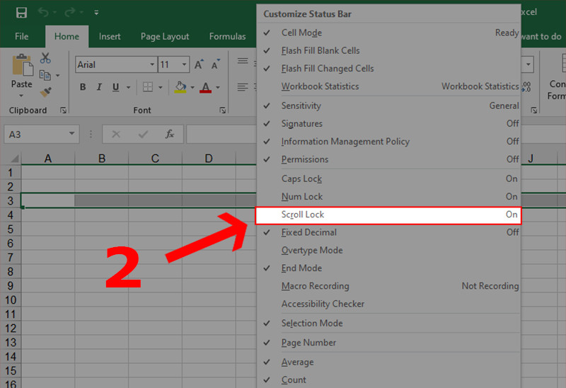 alt: Kích hoạt Scroll Lock trong thanh trạng thái Excel