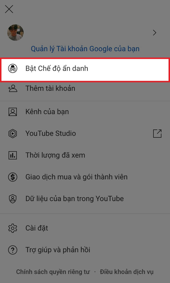 alt mô tả: Chọn bật chế độ ẩn danh trên YouTube