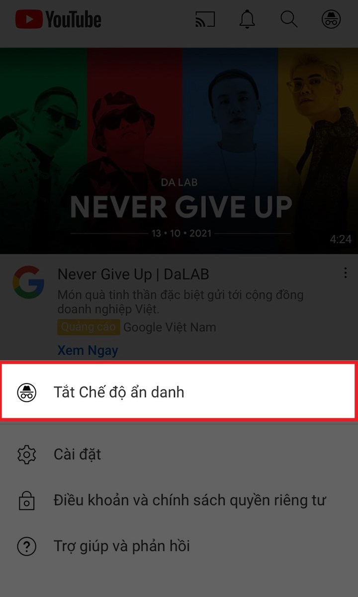 alt mô tả: Chọn tắt chế độ ẩn danh trên YouTube