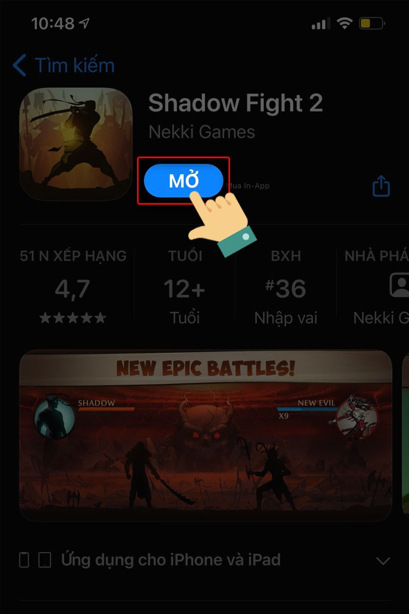 alt: Nút Mở game Shadow Fight 2 sau khi tải trên App Store