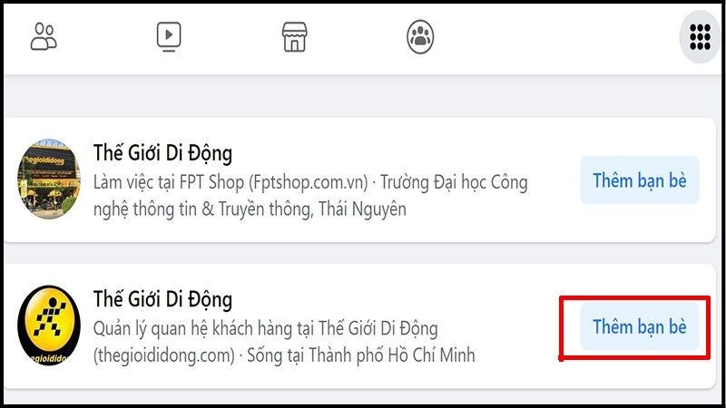 Alt: Nút "Thêm bạn bè" trên giao diện Facebook