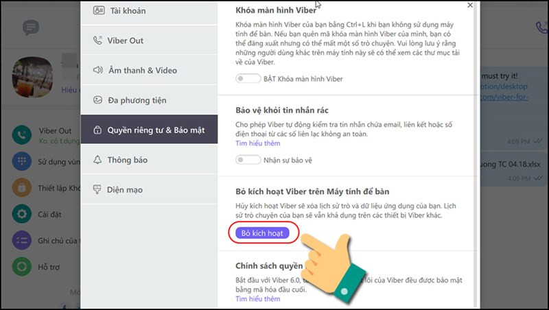 alt text: Bỏ kích hoạt Viber trên máy tính