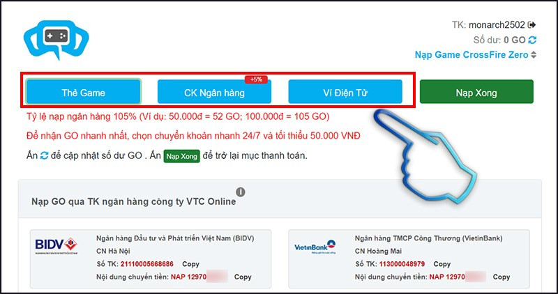 alt text: Các phương thức nạp Gocoin trong Đột Kích