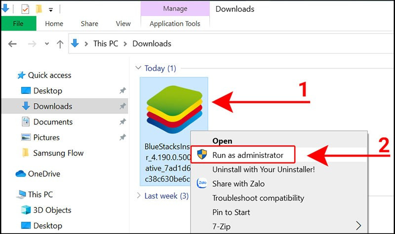 alt text: Chạy file cài đặt BlueStacks với quyền administrator