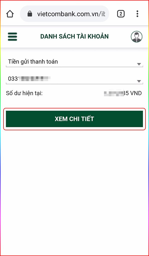 alt text: Chi tiết số dư tài khoản Vietcombank