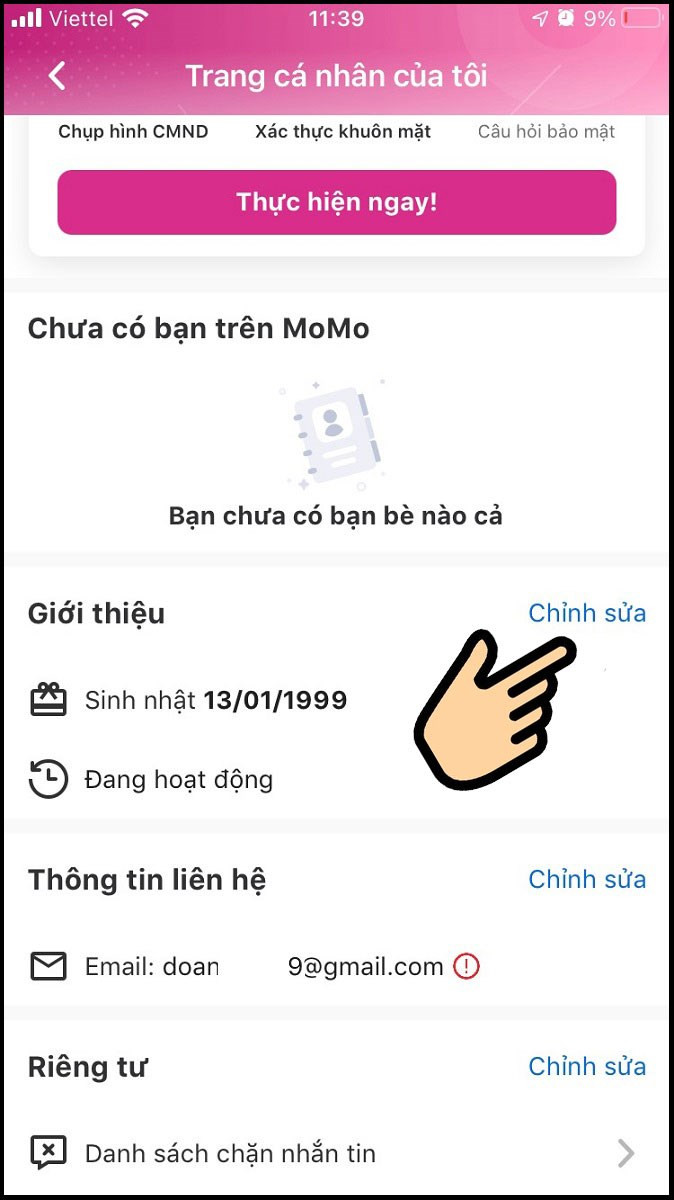 alt text: Chỉnh sửa thông tin trên ví MoMo