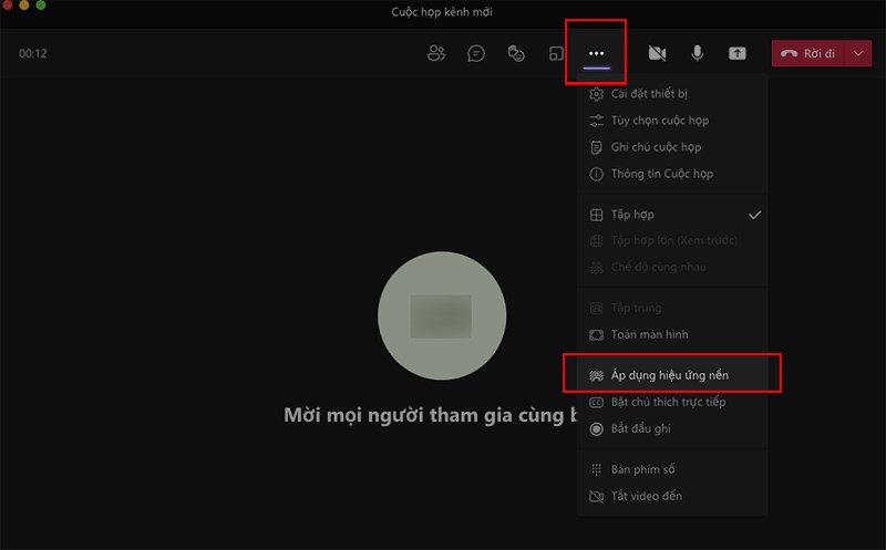 alt text: Chọn "Áp dụng hiệu ứng nền" trong khi đang họp