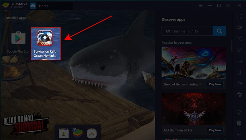 alt text: Chọn game Survival on Raft: Ocean Nomad trong BlueStacks