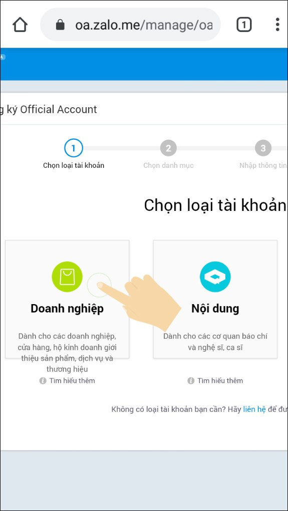 alt text: Chọn loại tài khoản Zalo Page