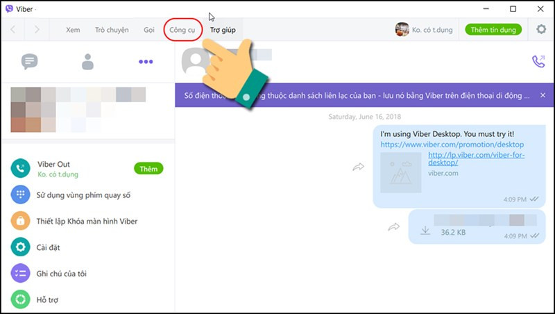 alt text: Chọn mục Công cụ trên Viber máy tính