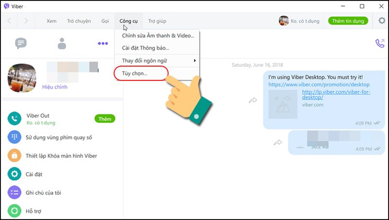 alt text: Chọn Tùy chọn trên Viber máy tính