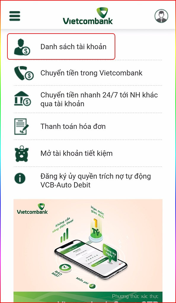 alt text: Danh sách tài khoản Vietcombank