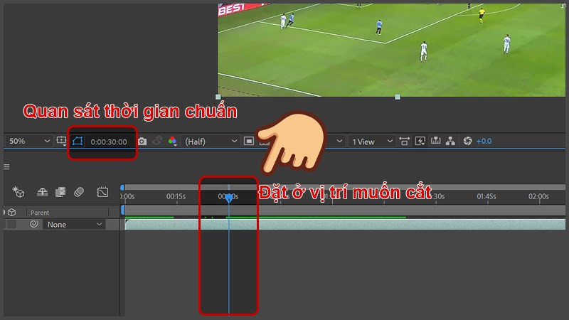 alt text: Đặt thanh thời gian để cắt video trong After Effects