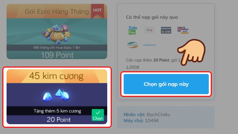 alt text: Giao diện chọn gói nạp game Mobile Legends