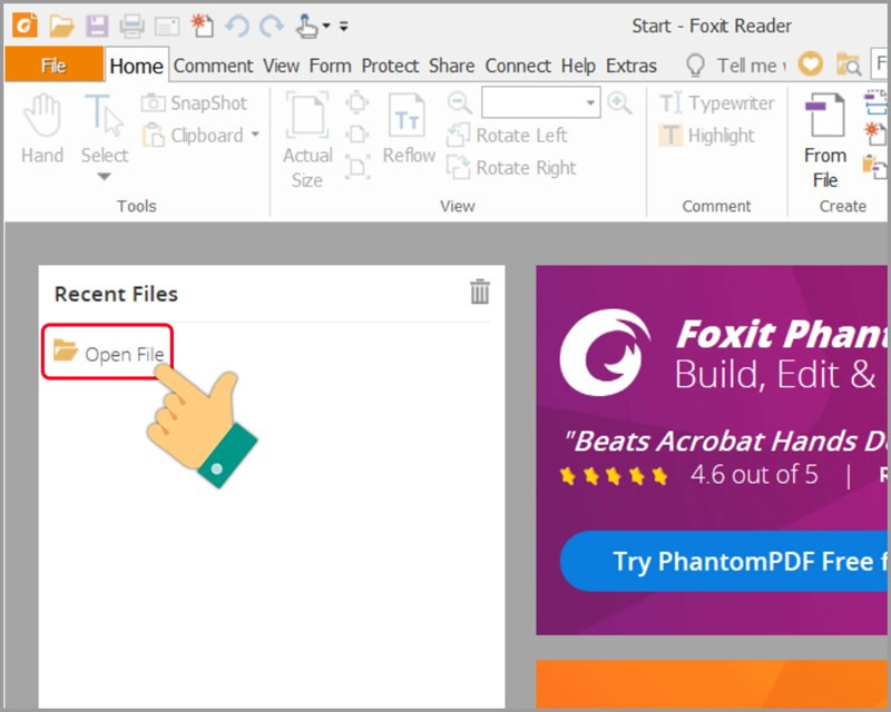 alt text: Giao diện Foxit Reader với chức năng mở file PDF