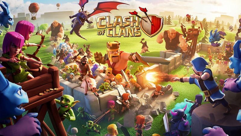 alt text: Giao diện game Clash of Clans với các công trình và binh lính