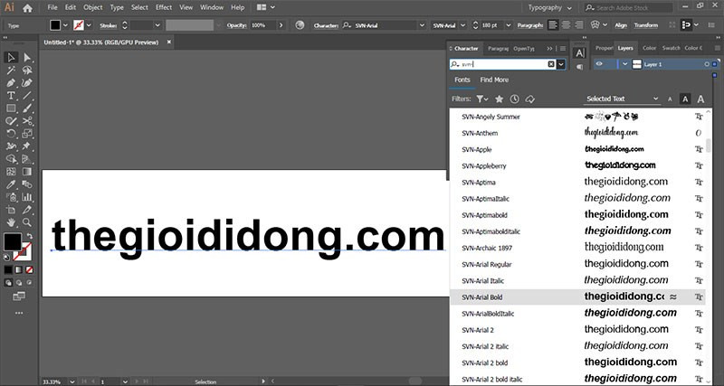 Alt text: Giao diện phần mềm Adobe Illustrator với các tùy chọn font chữ