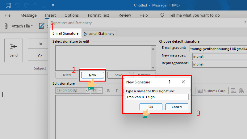 alt text: Giao diện tạo chữ ký email trong Outlook