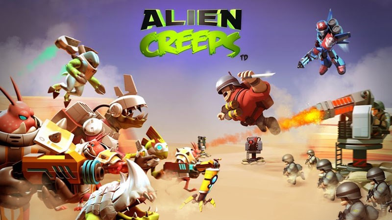 alt text: Hình ảnh game Alien Creeps TD với các tháp pháo và quái vật ngoài hành tinh