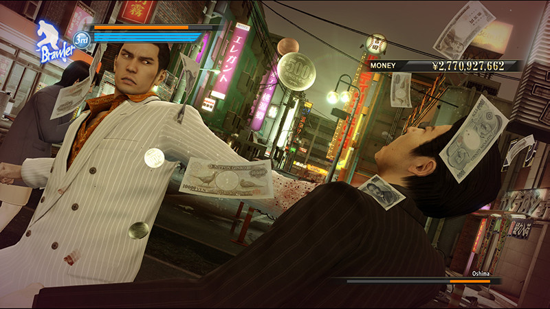 alt text: Hình ảnh gameplay của Yakuza 0 với màn combat đường phố