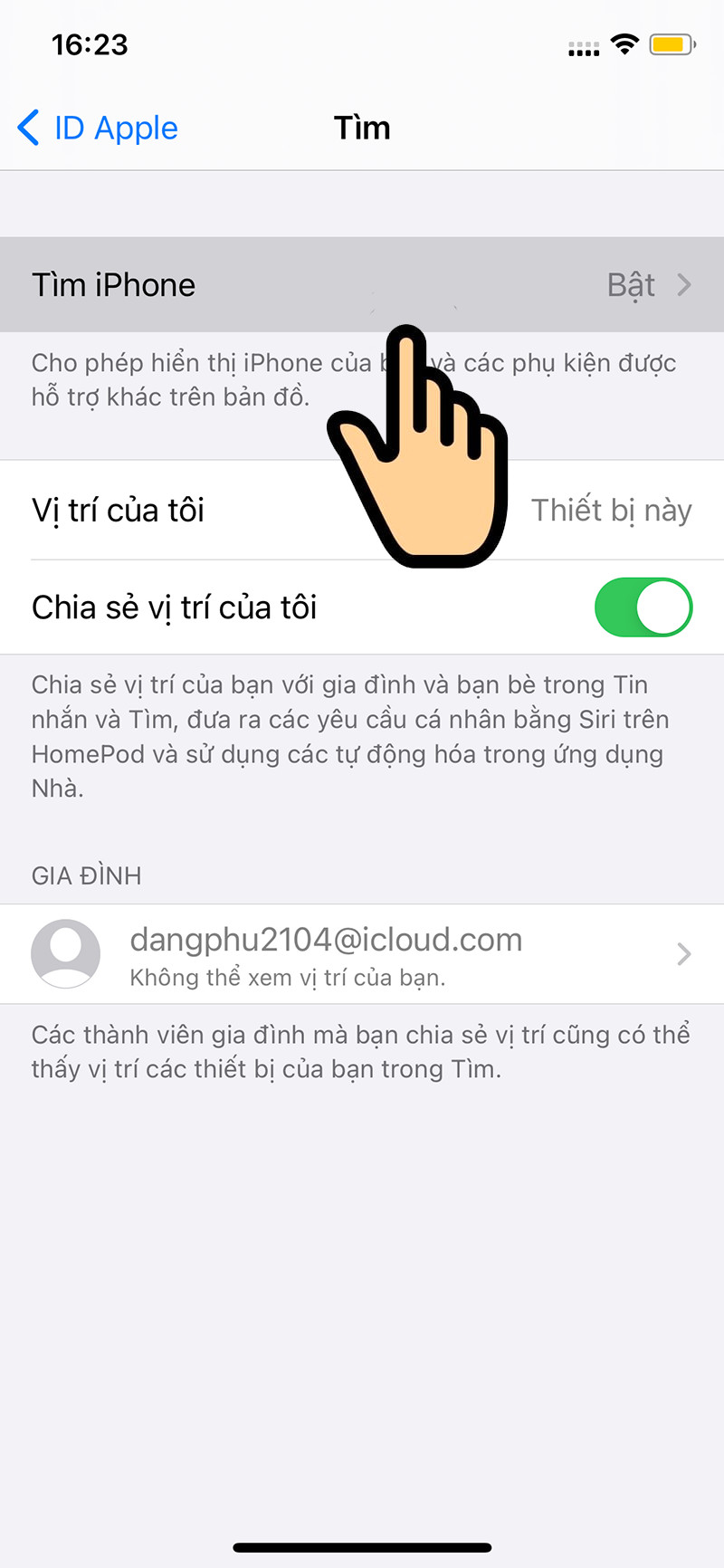 alt text: Hình ảnh minh họa giao diện chọn mục Tìm iPhone