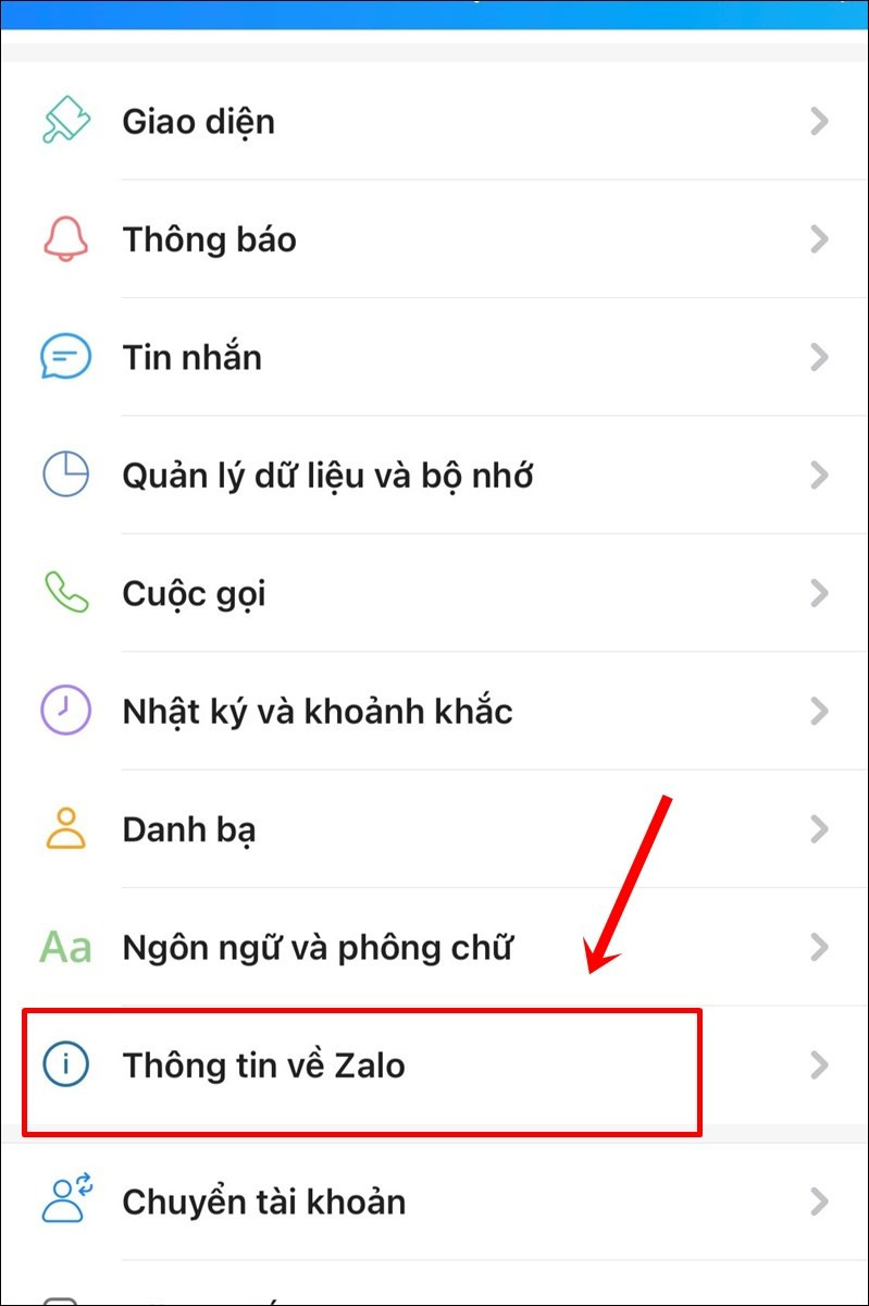 alt text: Hình ảnh minh họa mục Thông tin về Zalo trong phần cài đặt