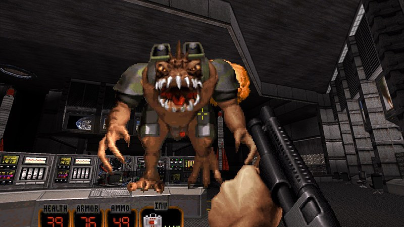 alt text: Hình ảnh trong game Duke Nukem 3D, thể hiện sự tiến bộ của đồ họa 3D thời bấy giờ.