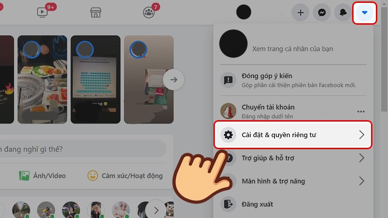 alt text: Hướng dẫn chọn cài đặt và quyền riêng tư trên Facebook máy tính