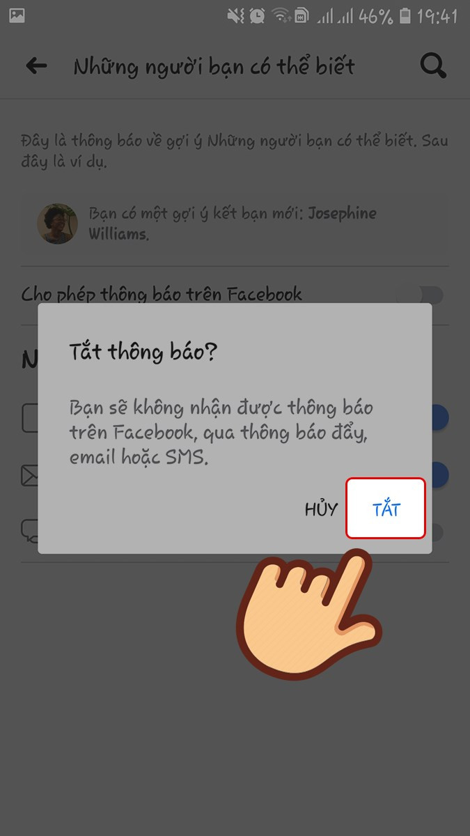 alt text: Hướng dẫn xác nhận tắt thông báo gợi ý kết bạn trên Facebook điện thoại