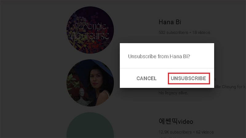 alt text: Hủy đăng ký kênh YouTube trên máy tính