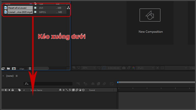 alt text: Kéo video vào Composition trong After Effects