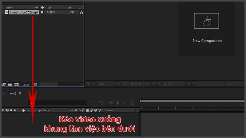 alt text: Kéo video vào khung làm việc After Effects