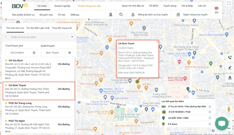 alt text: Kết quả tra cứu giờ làm việc chi nhánh BIDV