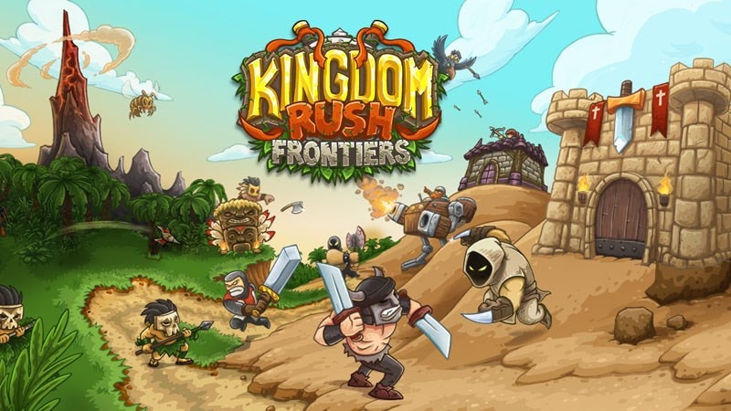 alt text: Kingdom Rush - Hình ảnh các tháp canh và binh lính đang chiến đấu với quái vật