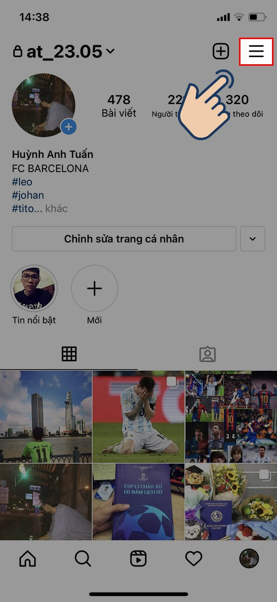 alt text: Menu trên ứng dụng Instagram điện thoại