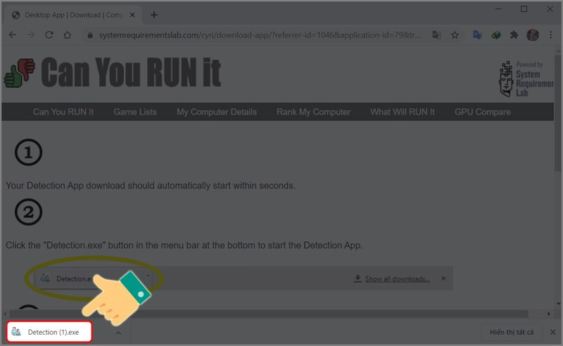 alt text: Nhấn vào file Detection.exe vừa được tải