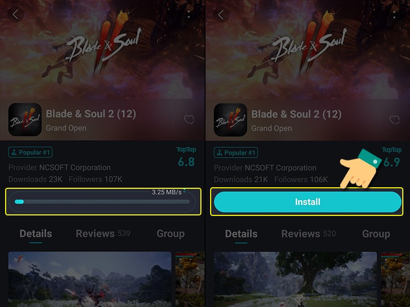 alt text: Nhấn vào nút Tải xuống để bắt đầu tải game Blade & Soul 2